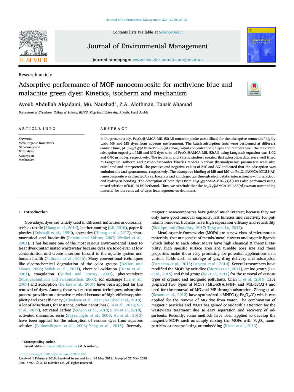 Adsorptive performance of MOF nanocomposite for methylene blue and malachite green dyes: Kinetics, isotherm and mechanism