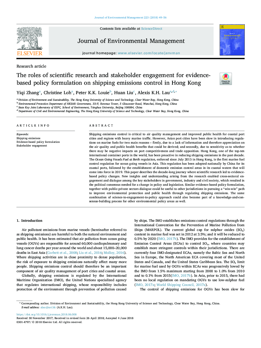 The roles of scientific research and stakeholder engagement for evidence-based policy formulation on shipping emissions control in Hong Kong