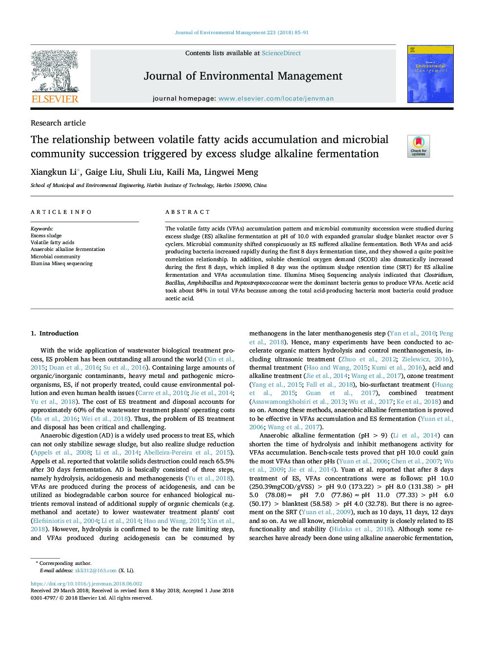 The relationship between volatile fatty acids accumulation and microbial community succession triggered by excess sludge alkaline fermentation