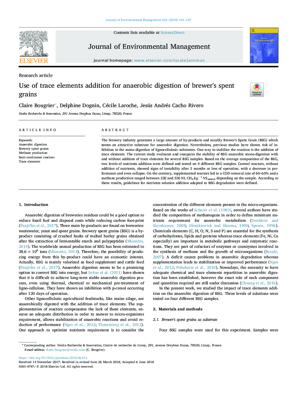 Use of trace elements addition for anaerobic digestion of brewer's spent grains