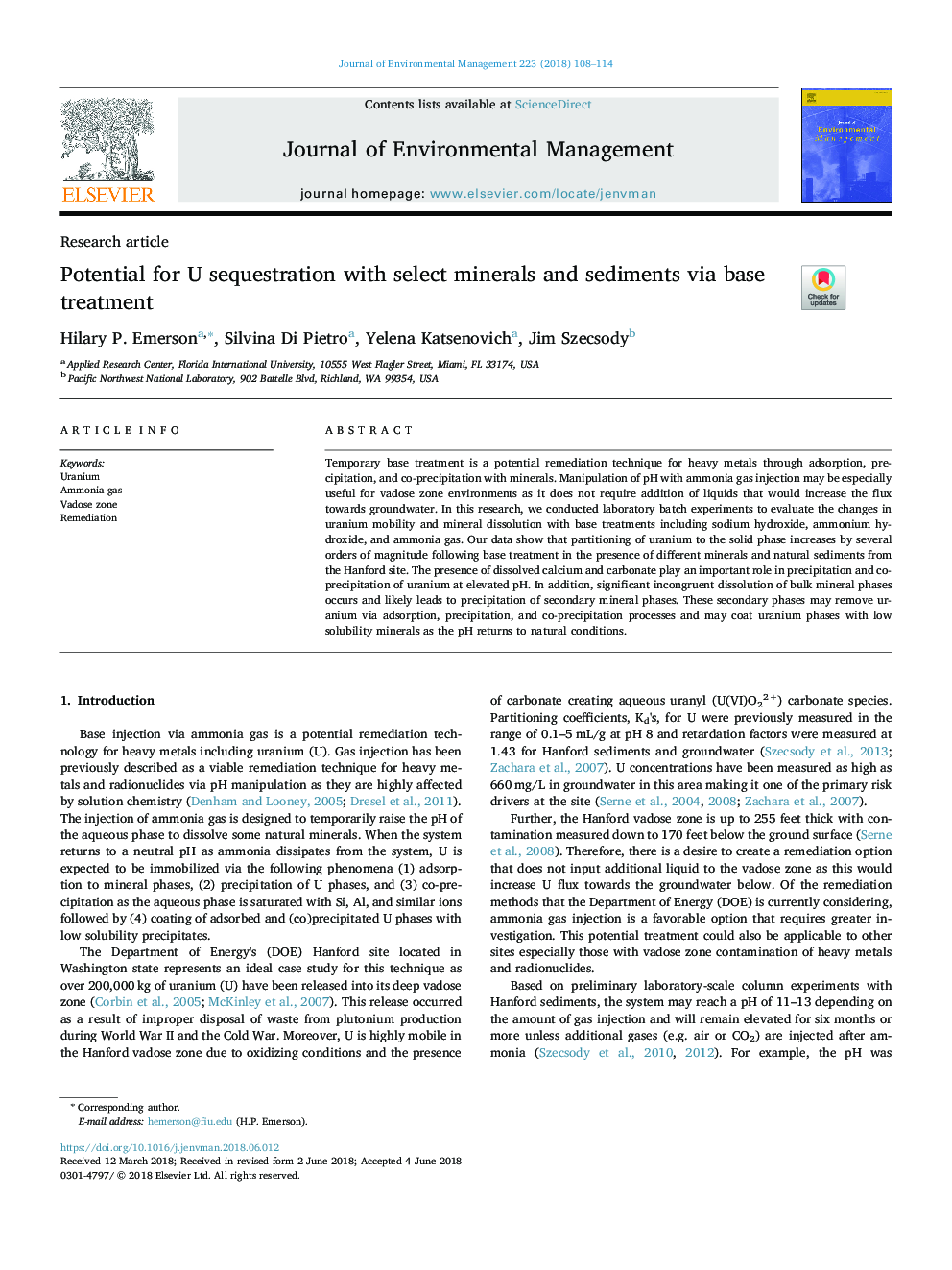 Potential for U sequestration with select minerals and sediments via base treatment