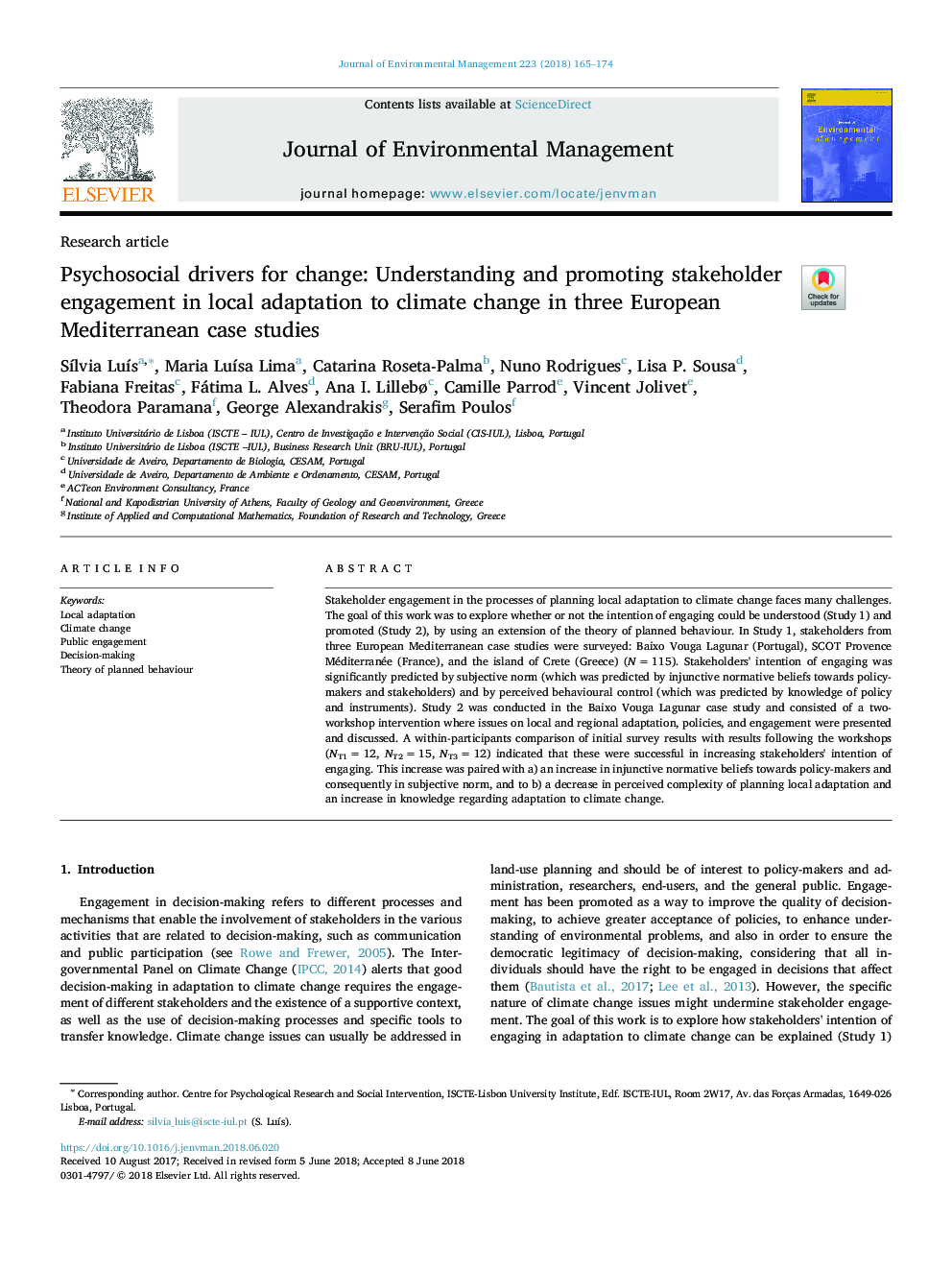 Psychosocial drivers for change: Understanding and promoting stakeholder engagement in local adaptation to climate change in three European Mediterranean case studies