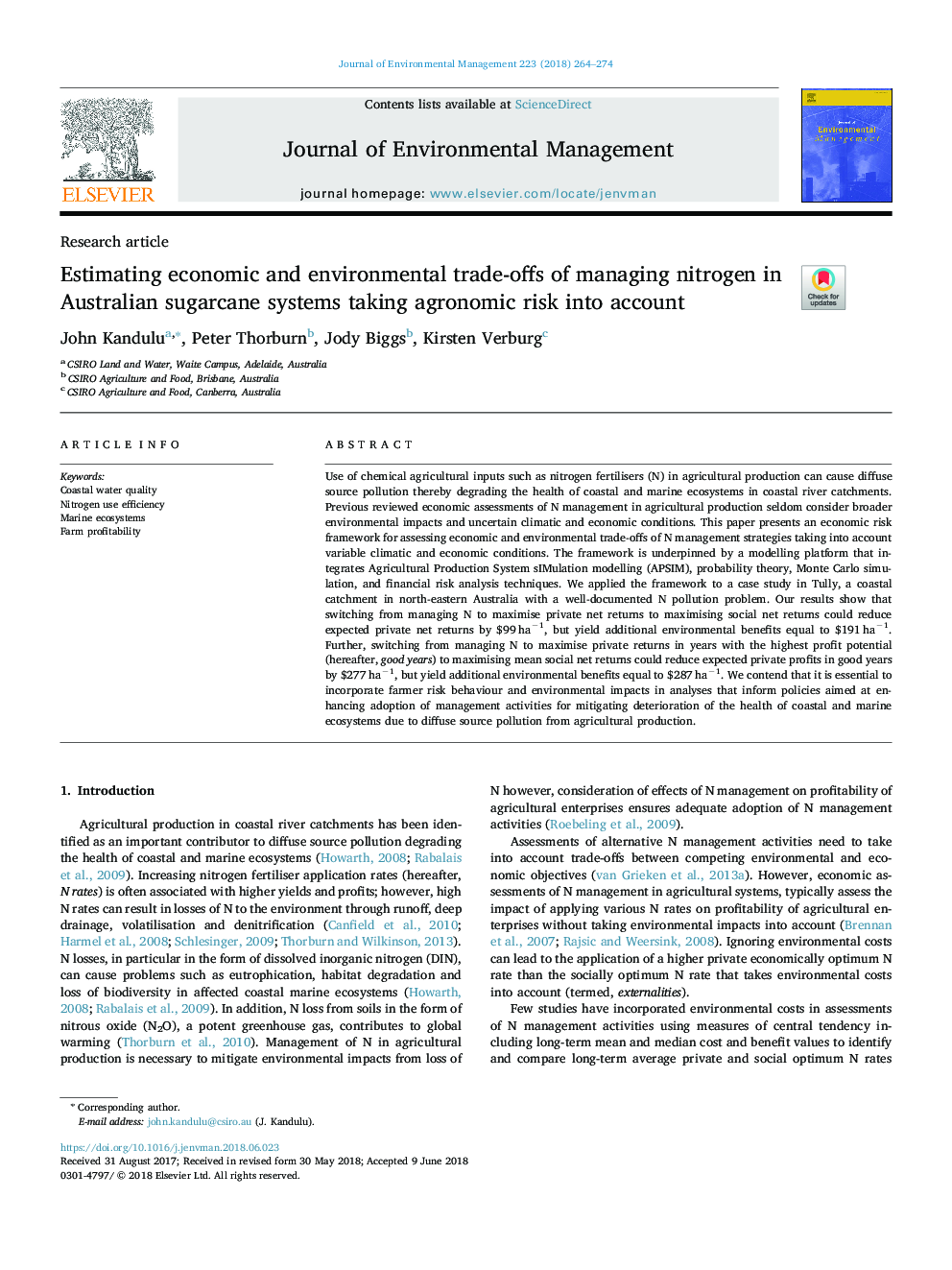 Estimating economic and environmental trade-offs of managing nitrogen in Australian sugarcane systems taking agronomic risk into account