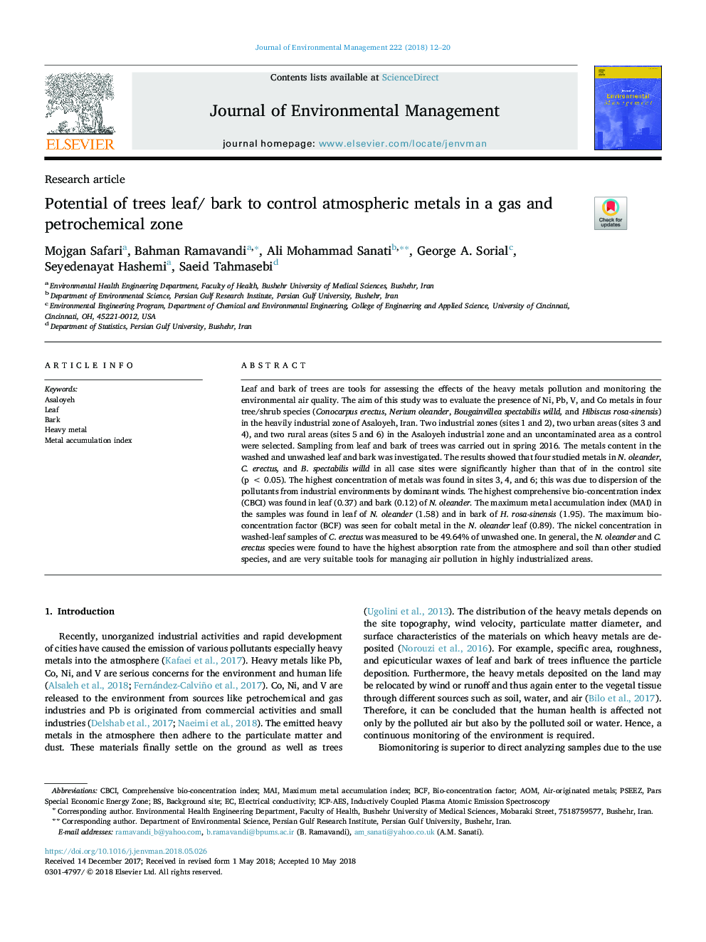 Potential of trees leaf/ bark to control atmospheric metals in a gas and petrochemical zone