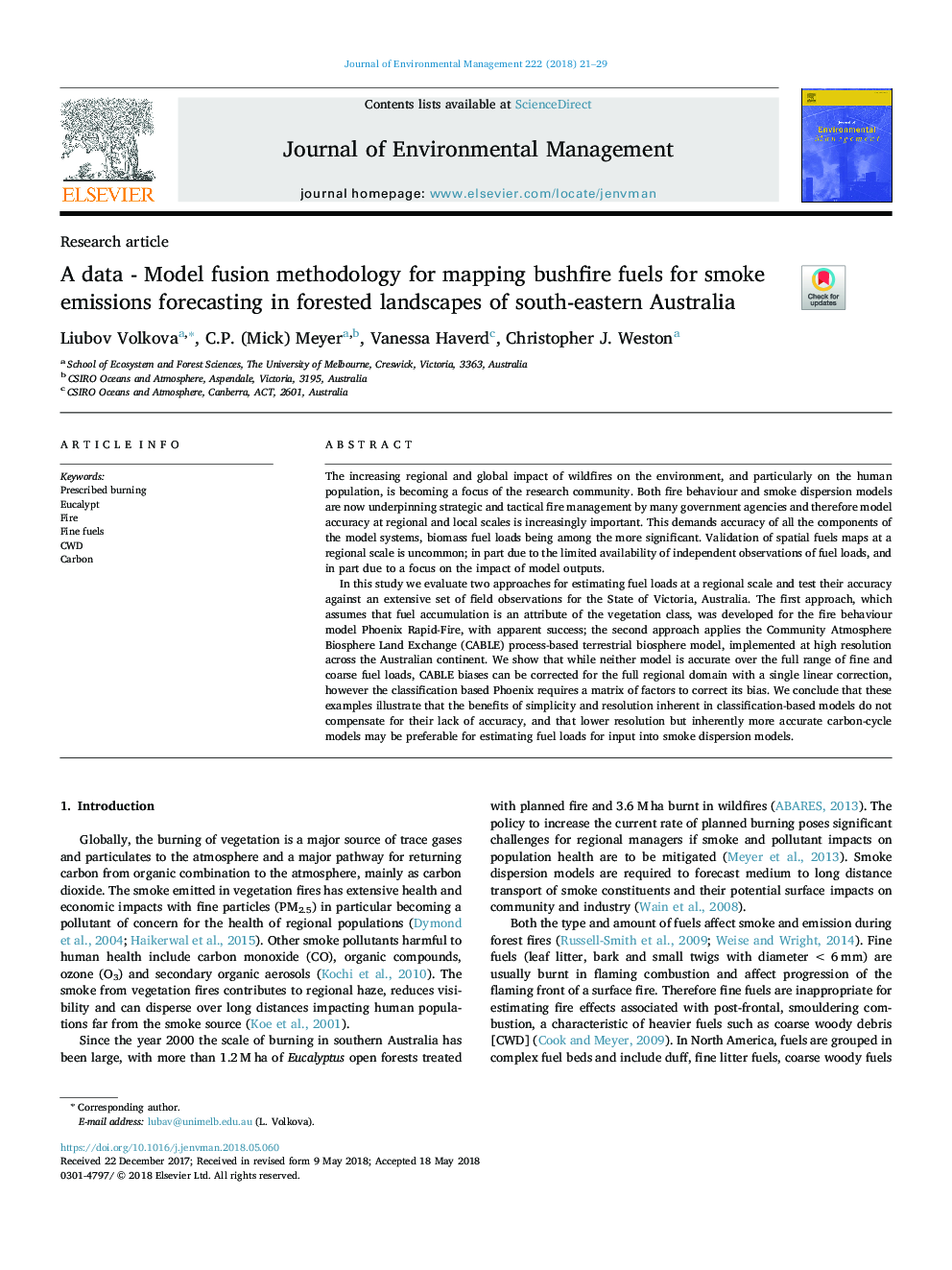 A data - Model fusion methodology for mapping bushfire fuels for smoke emissions forecasting in forested landscapes of south-eastern Australia