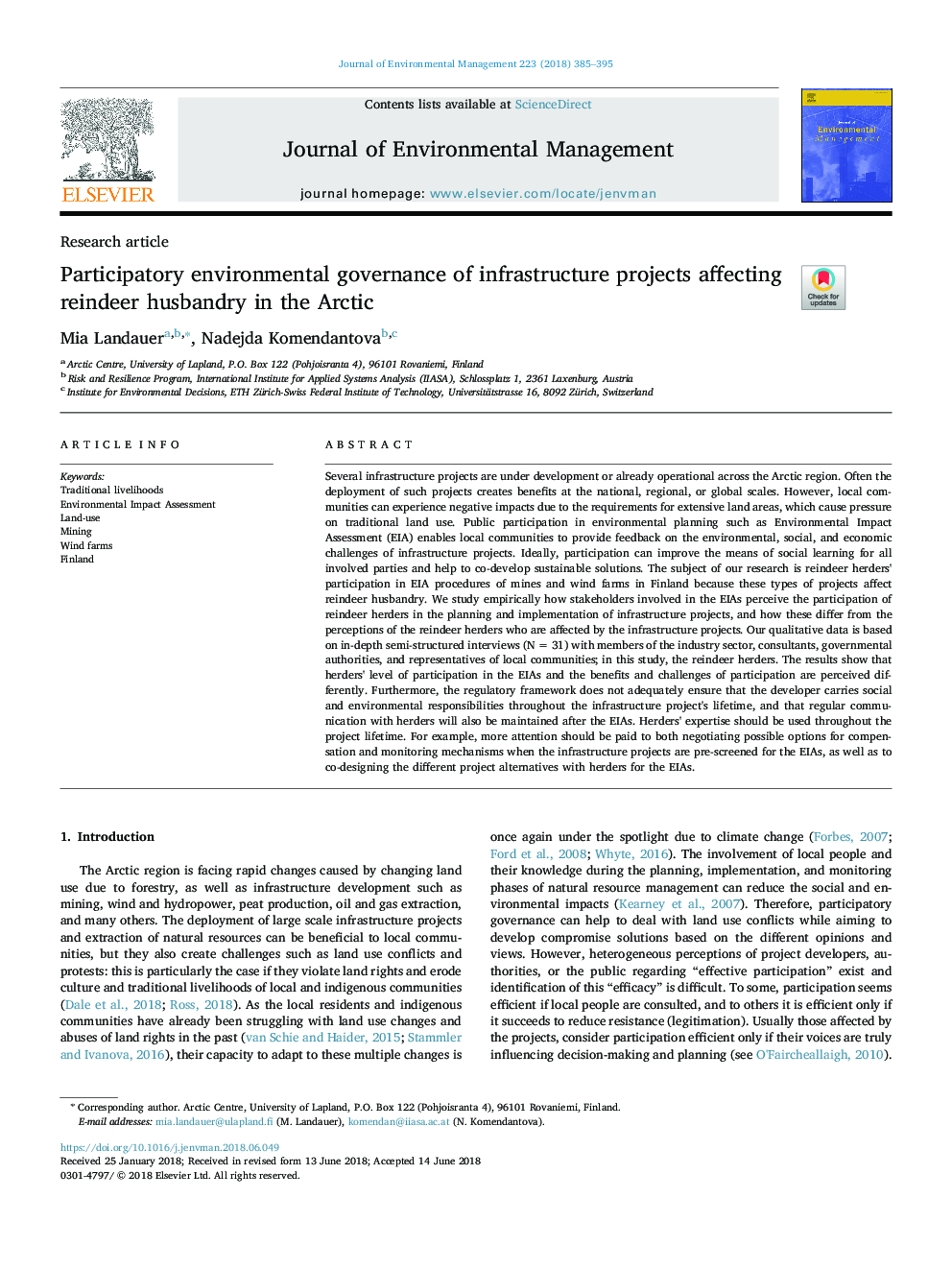 Participatory environmental governance of infrastructure projects affecting reindeer husbandry in the Arctic