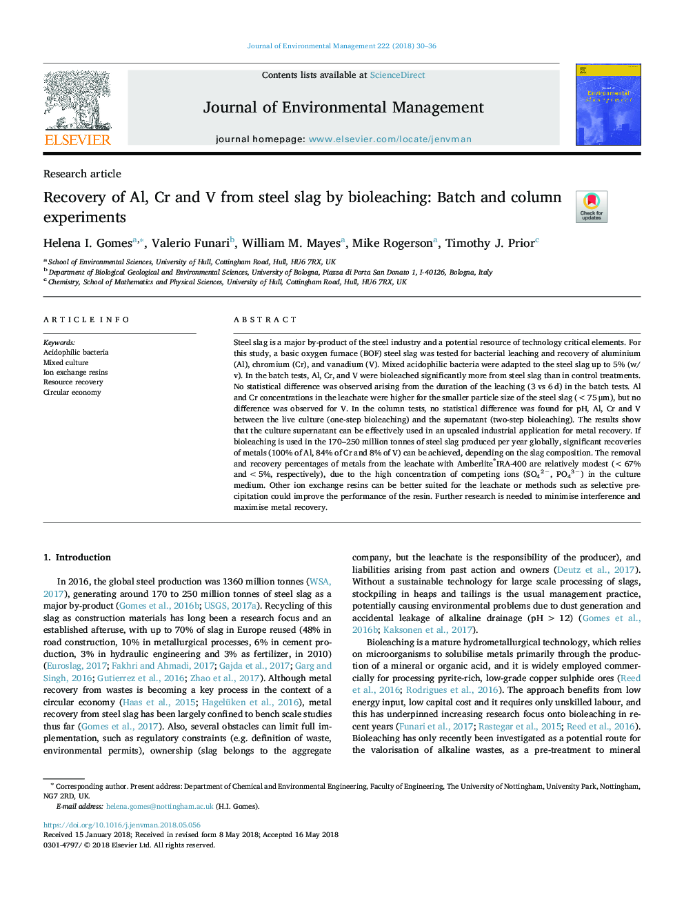 Recovery of Al, Cr and V from steel slag by bioleaching: Batch and column experiments