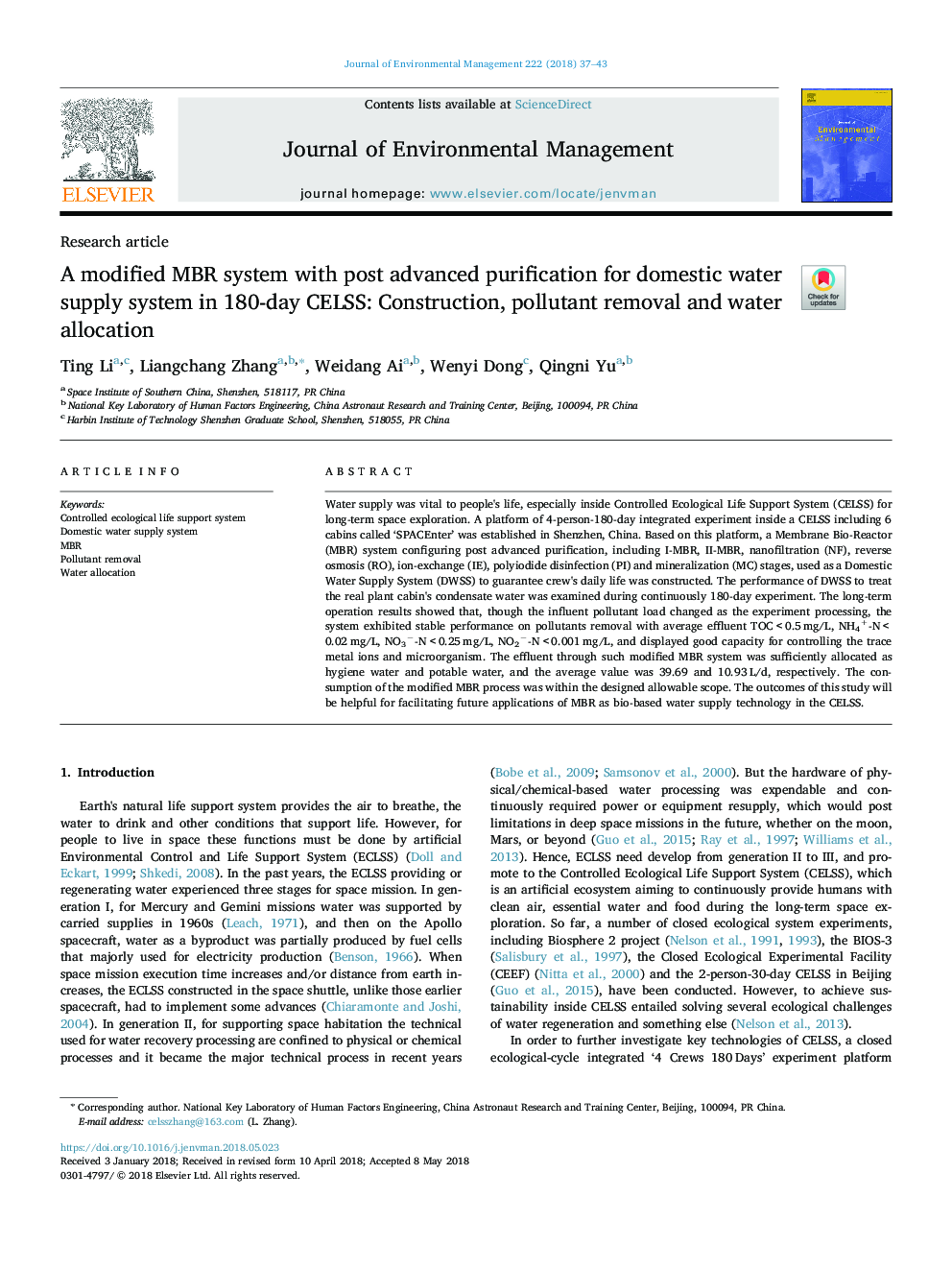 A modified MBR system with post advanced purification for domestic water supply system in 180-day CELSS: Construction, pollutant removal and water allocation