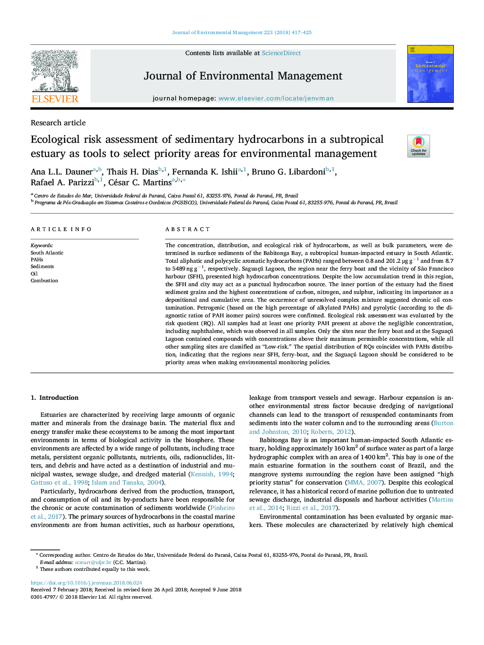 Ecological risk assessment of sedimentary hydrocarbons in a subtropical estuary as tools to select priority areas for environmental management