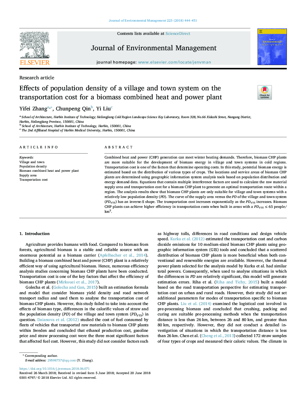 Effects of population density of a village and town system on the transportation cost for a biomass combined heat and power plant