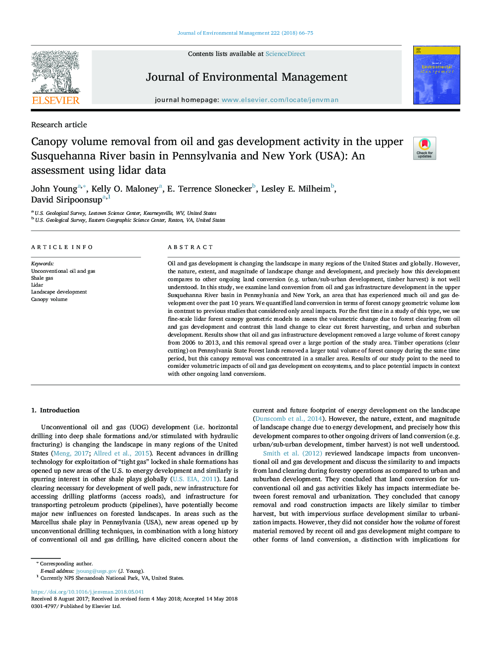 Canopy volume removal from oil and gas development activity in the upper Susquehanna River basin in Pennsylvania and New York (USA): An assessment using lidar data