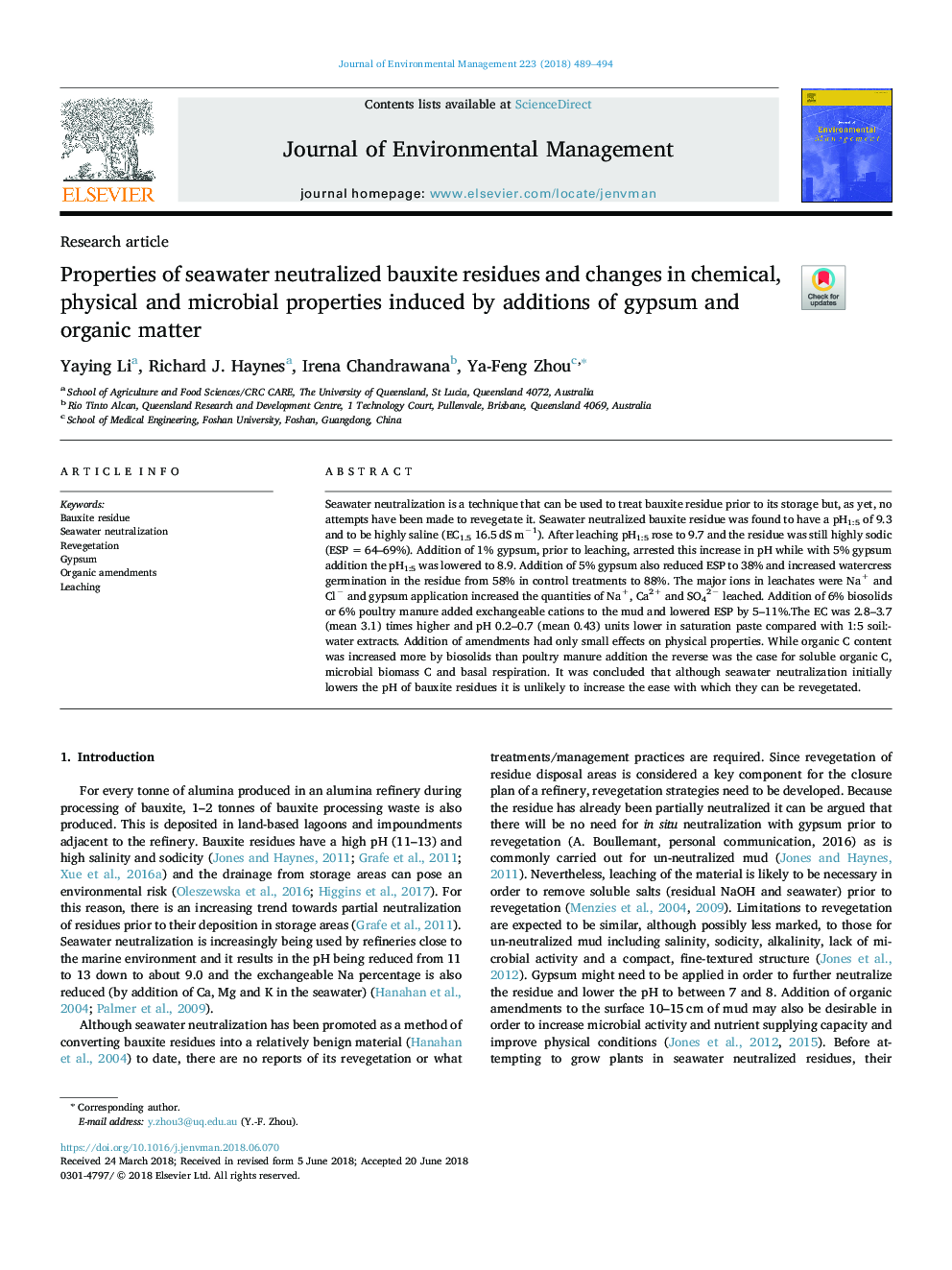 Properties of seawater neutralized bauxite residues and changes in chemical, physical and microbial properties induced by additions of gypsum and organic matter