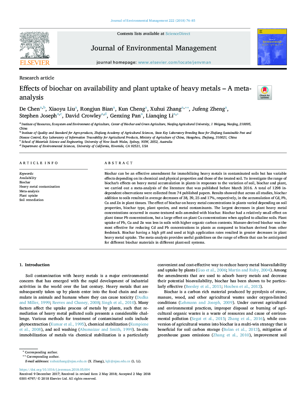 Effects of biochar on availability and plant uptake of heavy metals - A meta-analysis
