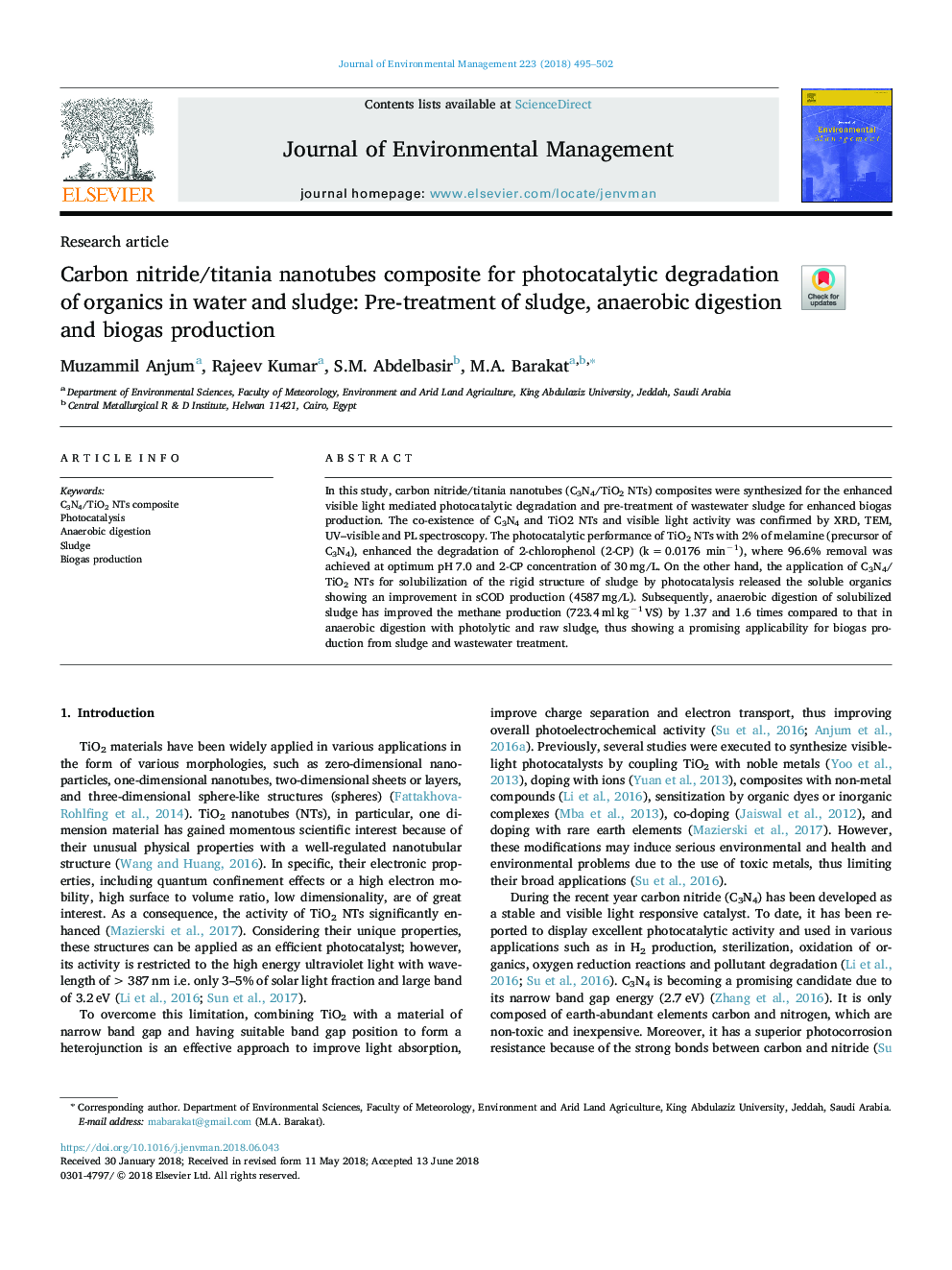 Carbon nitride/titania nanotubes composite for photocatalytic degradation of organics in water and sludge: Pre-treatment of sludge, anaerobic digestion and biogas production