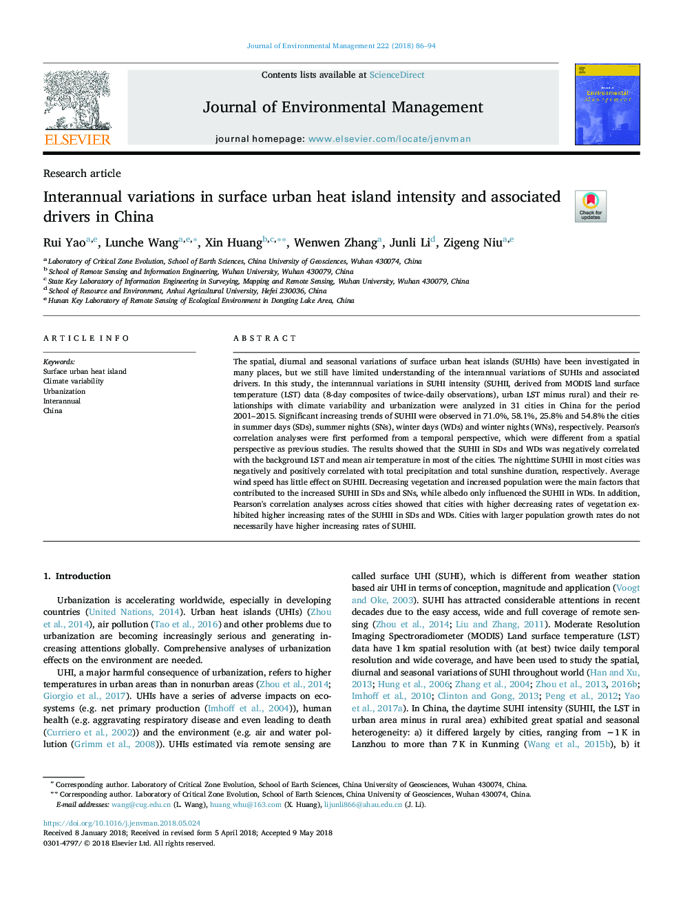 Interannual variations in surface urban heat island intensity and associated drivers in China