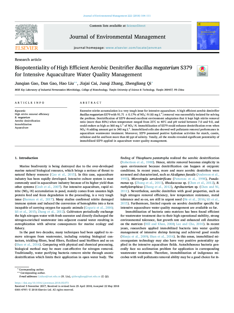 Biopotentiality of High Efficient Aerobic Denitrifier Bacillus megaterium S379 for Intensive Aquaculture Water Quality Management