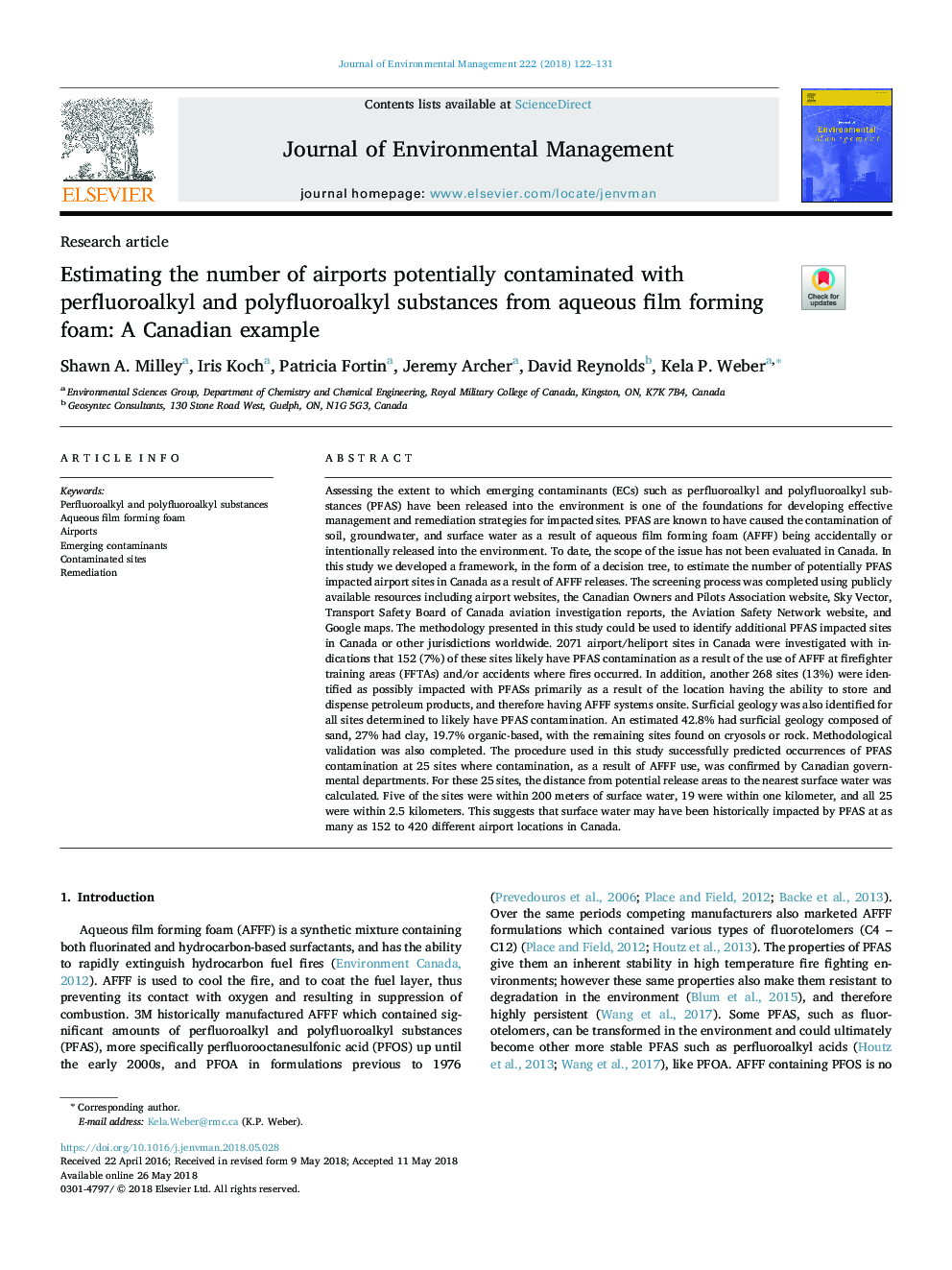 Estimating the number of airports potentially contaminated with perfluoroalkyl and polyfluoroalkyl substances from aqueous film forming foam: A Canadian example