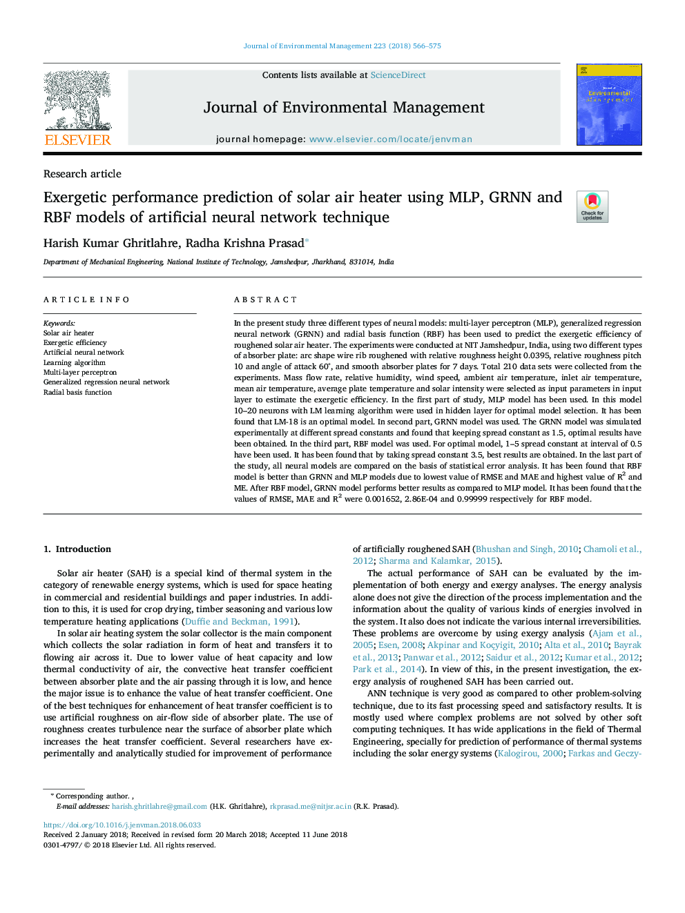 Exergetic performance prediction of solar air heater using MLP, GRNN and RBF models of artificial neural network technique