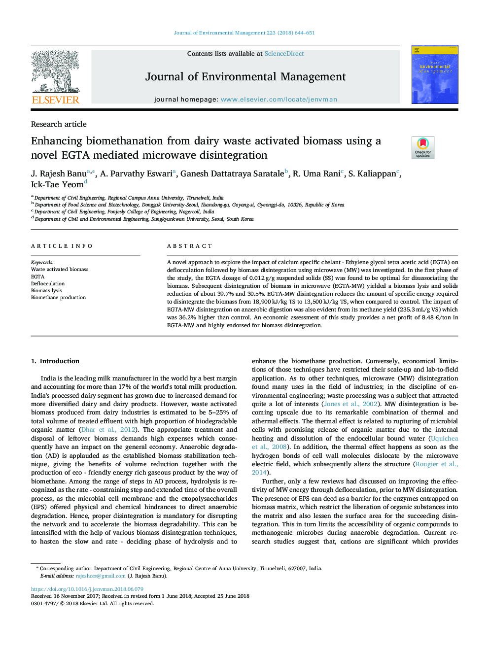 Enhancing biomethanation from dairy waste activated biomass using a novel EGTA mediated microwave disintegration