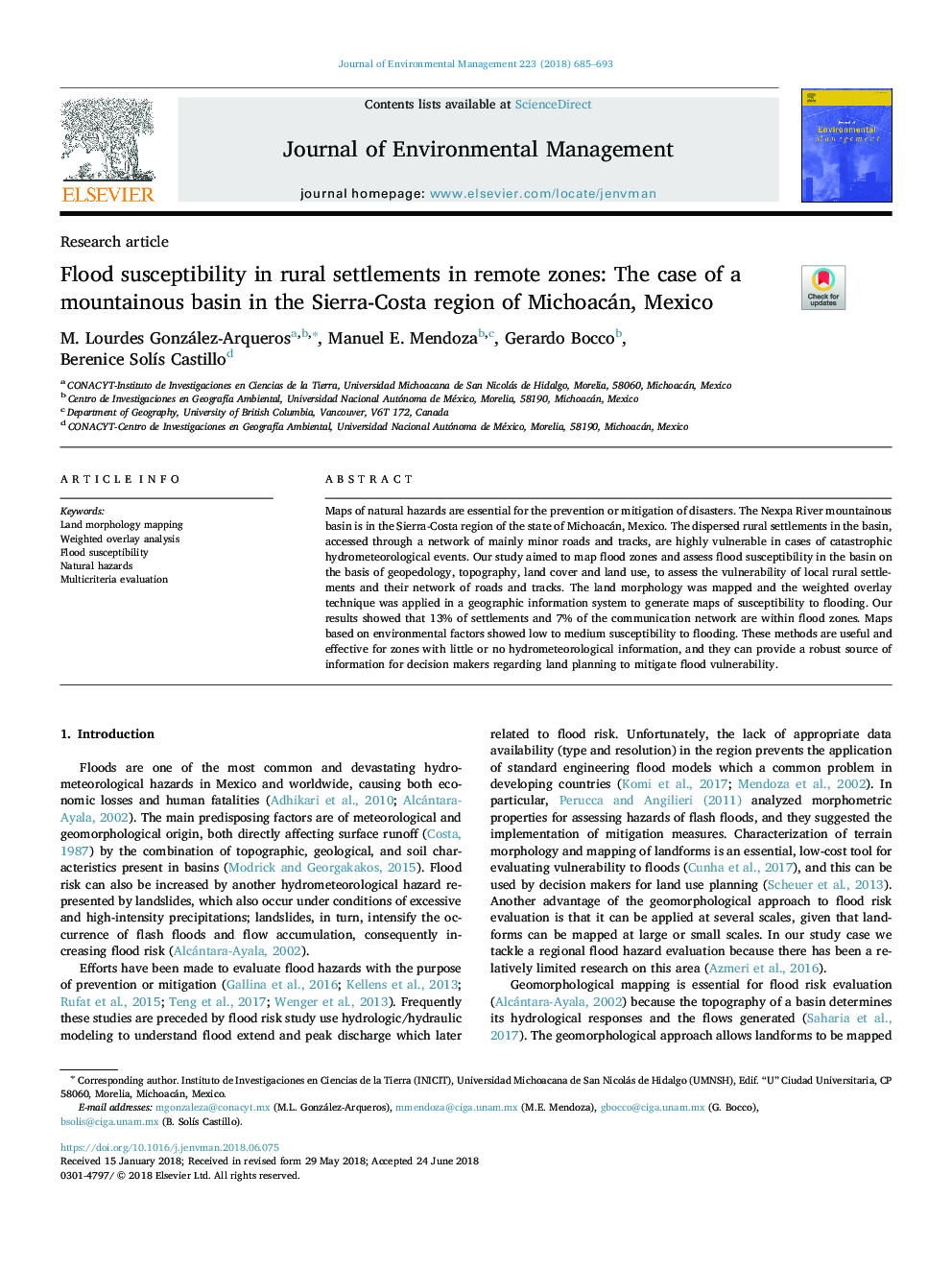 Flood susceptibility in rural settlements in remote zones: The case of a mountainous basin in the Sierra-Costa region of Michoacán, Mexico