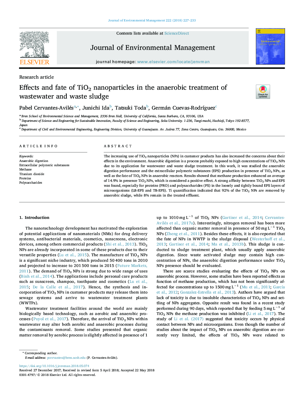 Effects and fate of TiO2 nanoparticles in the anaerobic treatment of wastewater and waste sludge