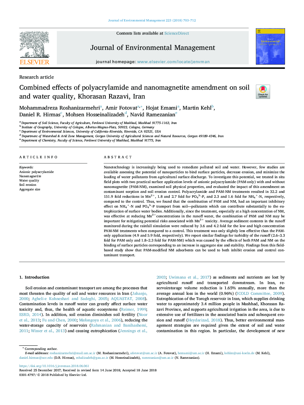 Combined effects of polyacrylamide and nanomagnetite amendment on soil and water quality, Khorasan Razavi, Iran