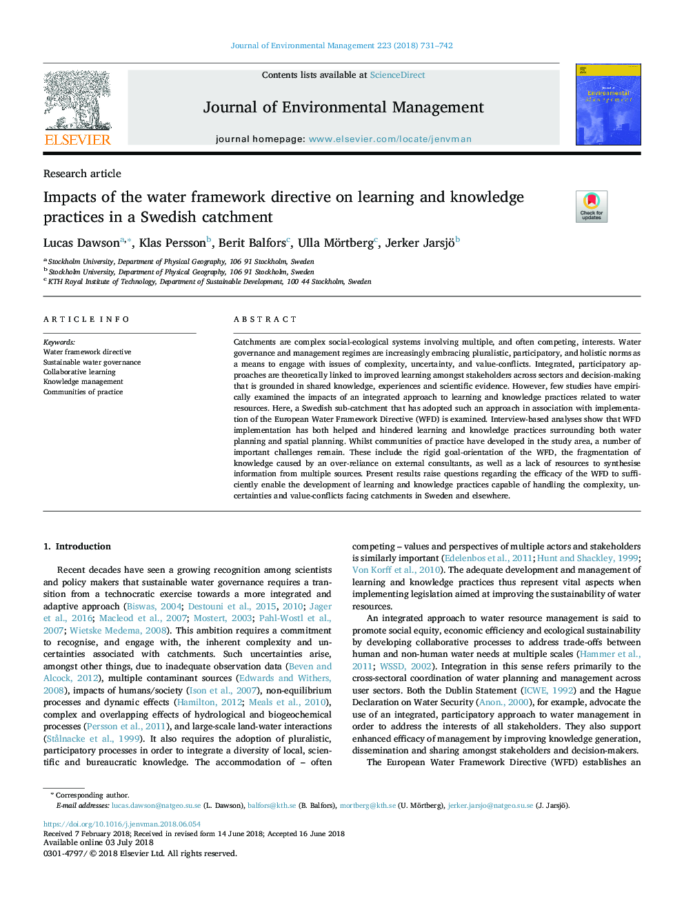 Impacts of the water framework directive on learning and knowledge practices in a Swedish catchment