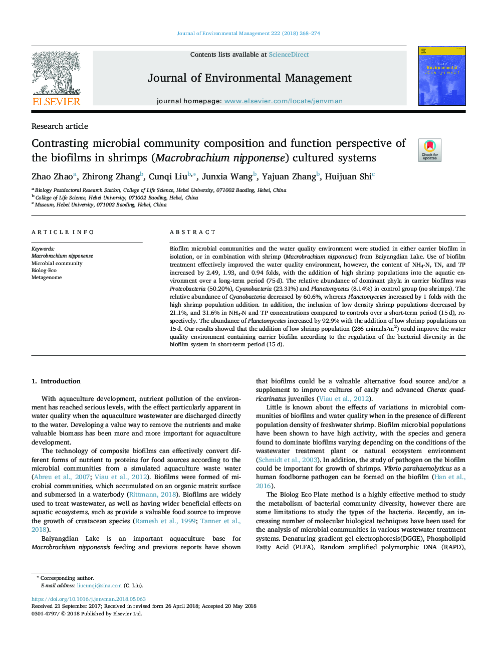 Contrasting microbial community composition and function perspective of the biofilms in shrimps (Macrobrachium nipponense) cultured systems