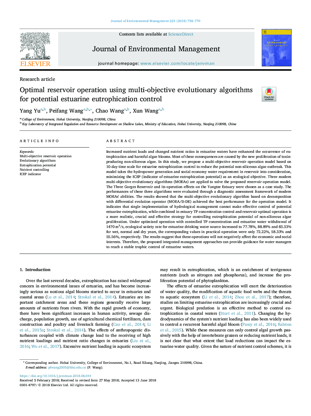 Optimal reservoir operation using multi-objective evolutionary algorithms for potential estuarine eutrophication control