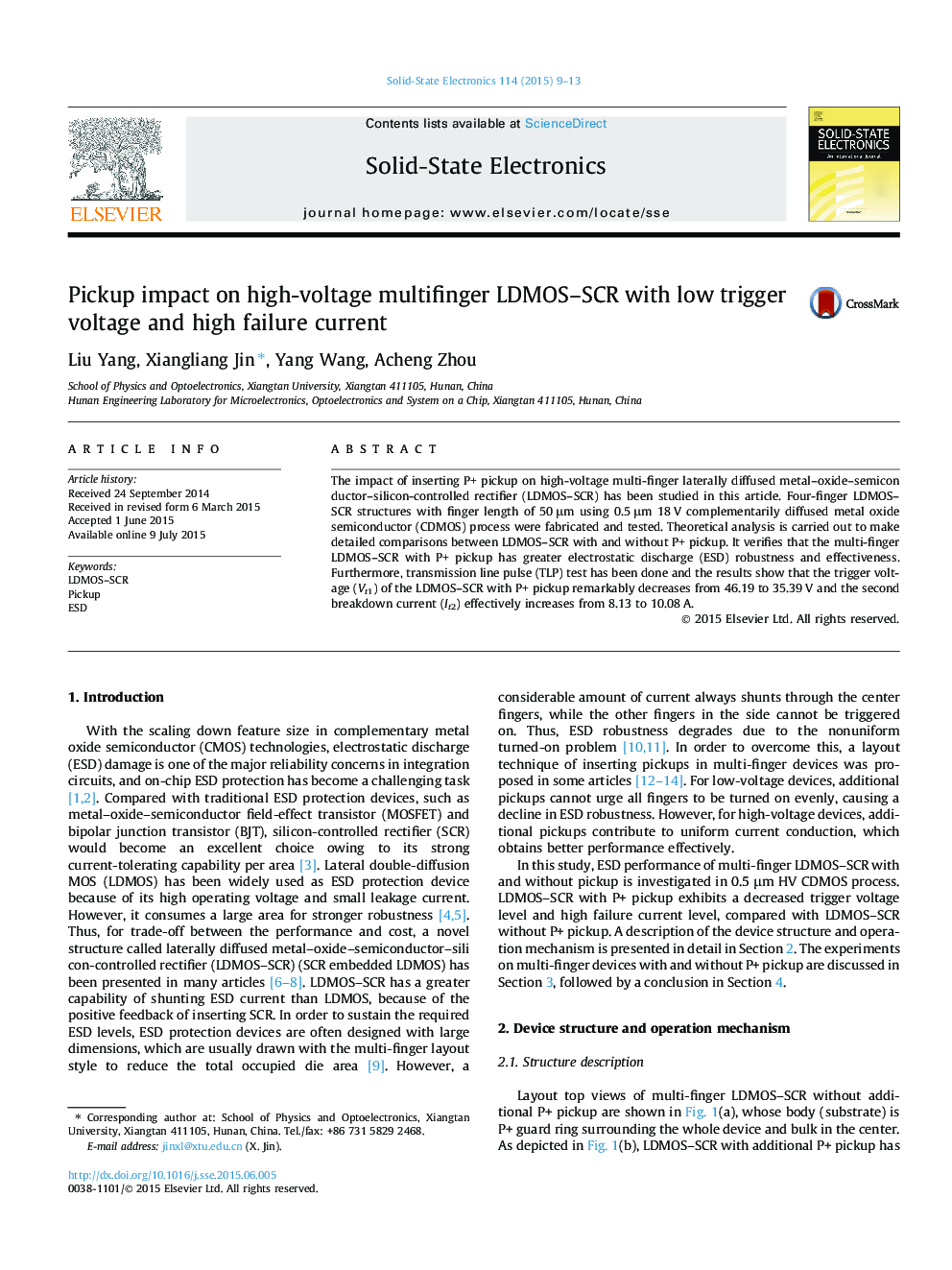 Pickup impact on high-voltage multifinger LDMOS–SCR with low trigger voltage and high failure current