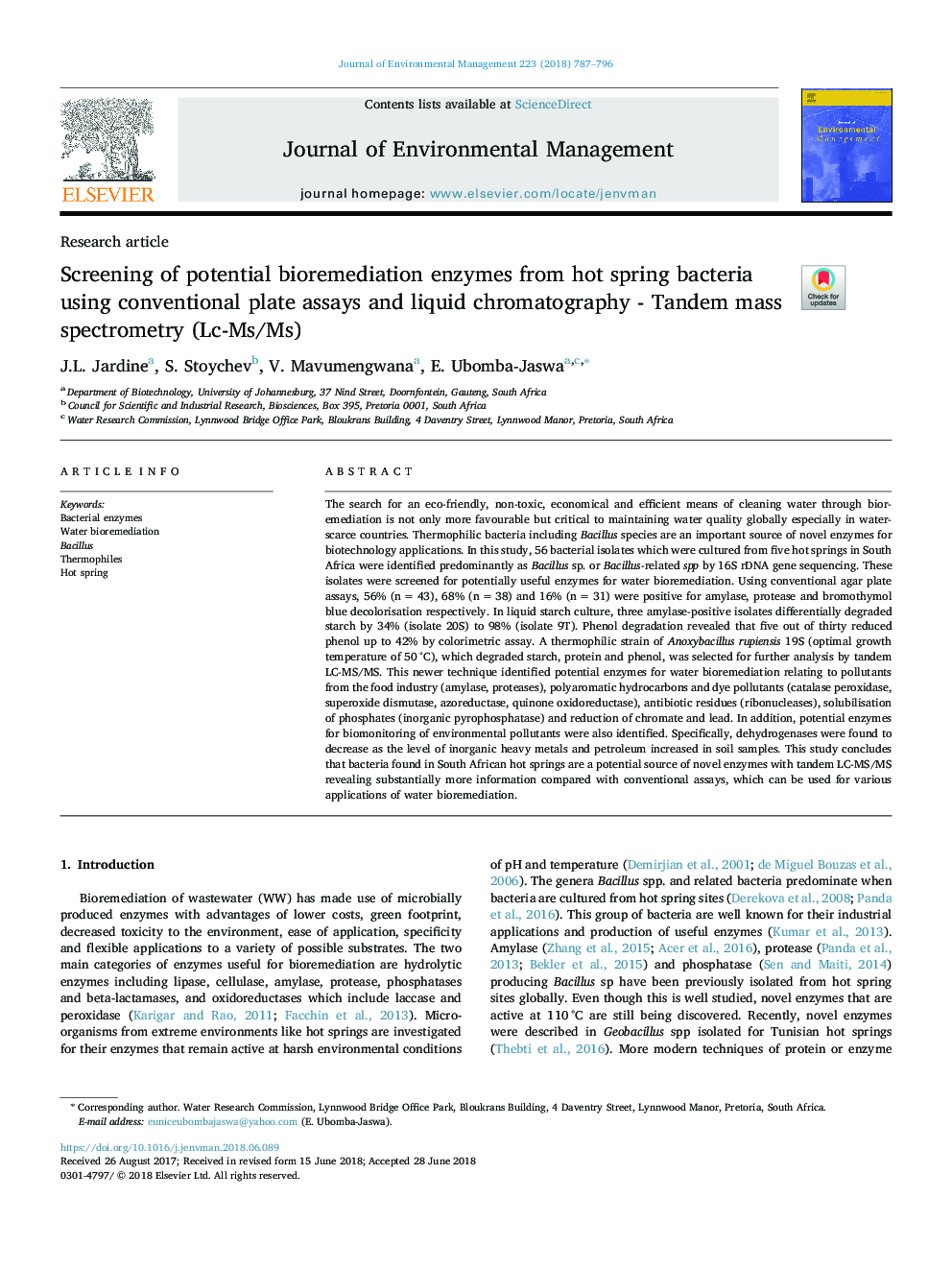 Screening of potential bioremediation enzymes from hot spring bacteria using conventional plate assays and liquid chromatography - Tandem mass spectrometry (Lc-Ms/Ms)