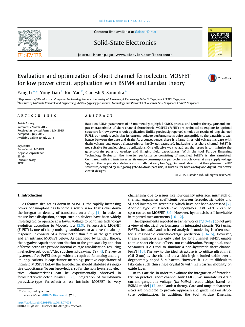 Evaluation and optimization of short channel ferroelectric MOSFET for low power circuit application with BSIM4 and Landau theory