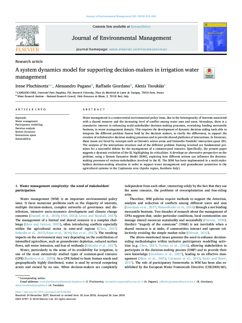 A system dynamics model for supporting decision-makers in irrigation water management