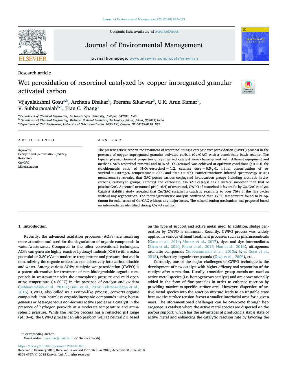 Wet peroxidation of resorcinol catalyzed by copper impregnated granular activated carbon