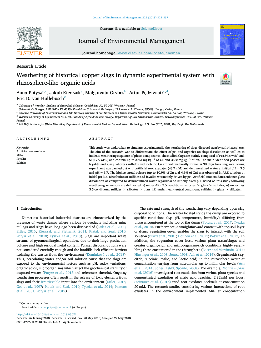 Weathering of historical copper slags in dynamic experimental system with rhizosphere-like organic acids