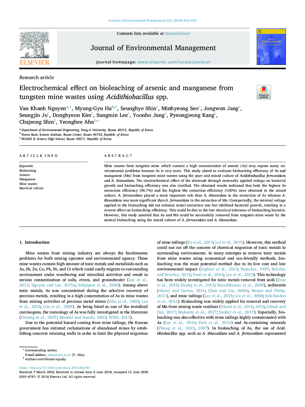 Electrochemical effect on bioleaching of arsenic and manganese from tungsten mine wastes using Acidithiobacillus spp.