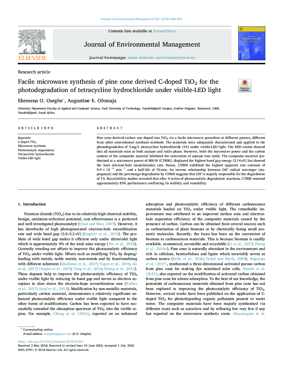 Facile microwave synthesis of pine cone derived C-doped TiO2 for the photodegradation of tetracycline hydrochloride under visible-LED light