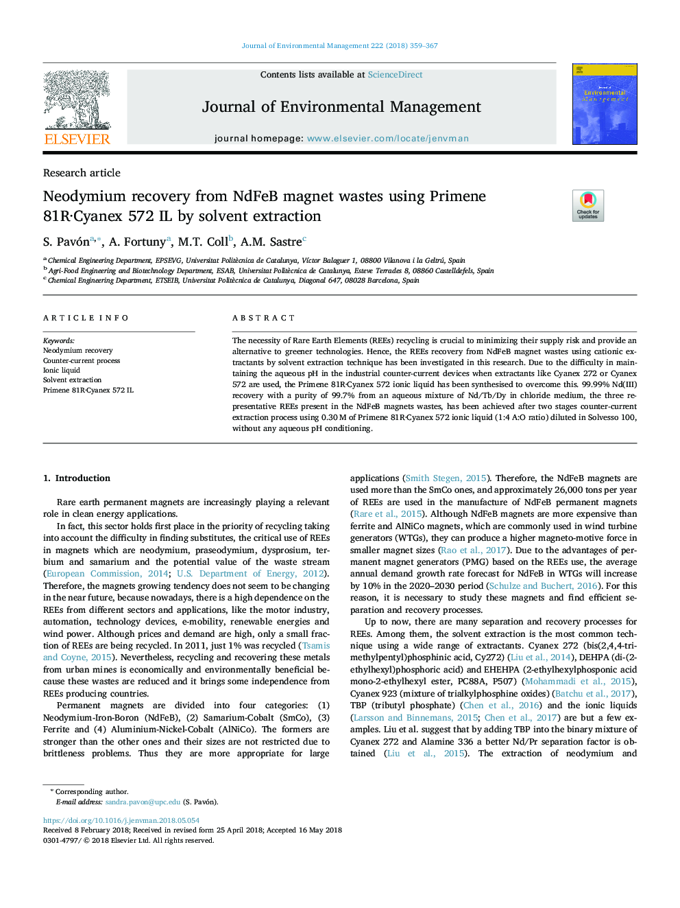 Neodymium recovery from NdFeB magnet wastes using Primene 81RÂ·Cyanex 572 IL by solvent extraction