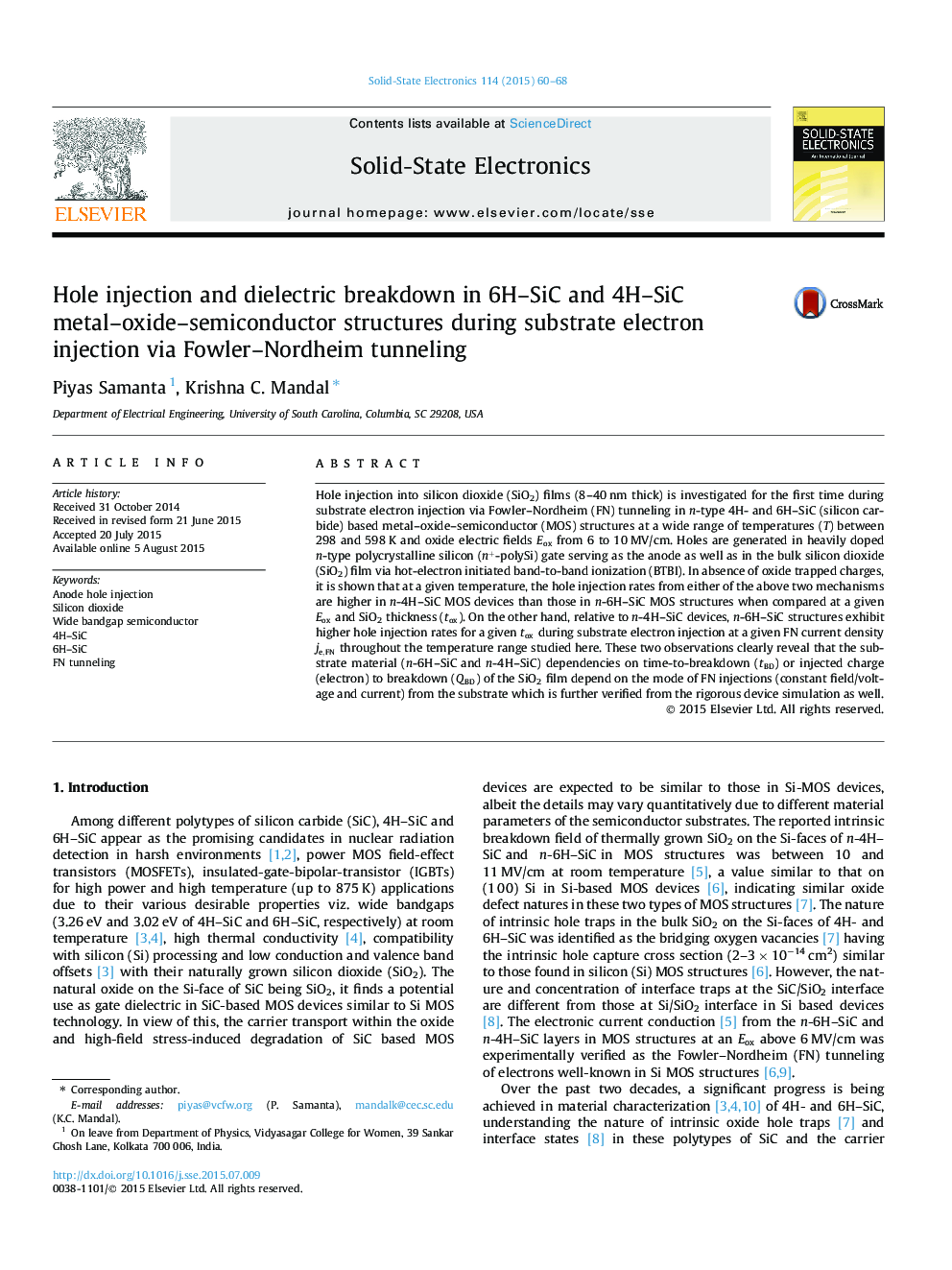 Hole injection and dielectric breakdown in 6H–SiC and 4H–SiC metal–oxide–semiconductor structures during substrate electron injection via Fowler–Nordheim tunneling