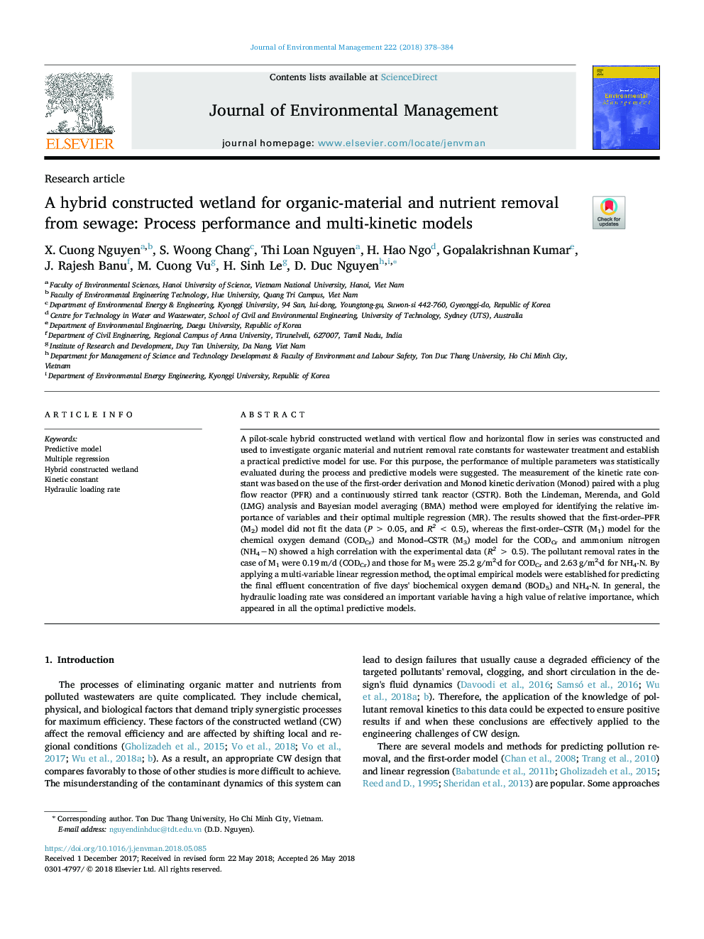 A hybrid constructed wetland for organic-material and nutrient removal from sewage: Process performance and multi-kinetic models