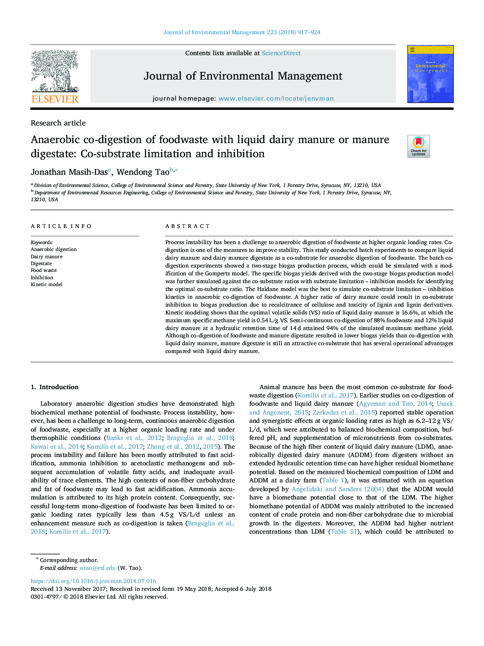 Anaerobic co-digestion of foodwaste with liquid dairy manure or manure digestate: Co-substrate limitation and inhibition