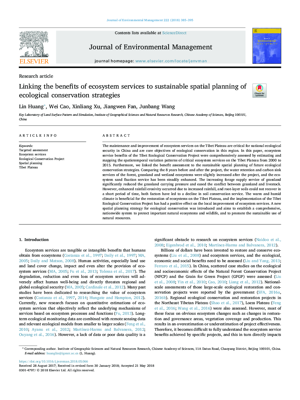 Linking the benefits of ecosystem services to sustainable spatial planning of ecological conservation strategies