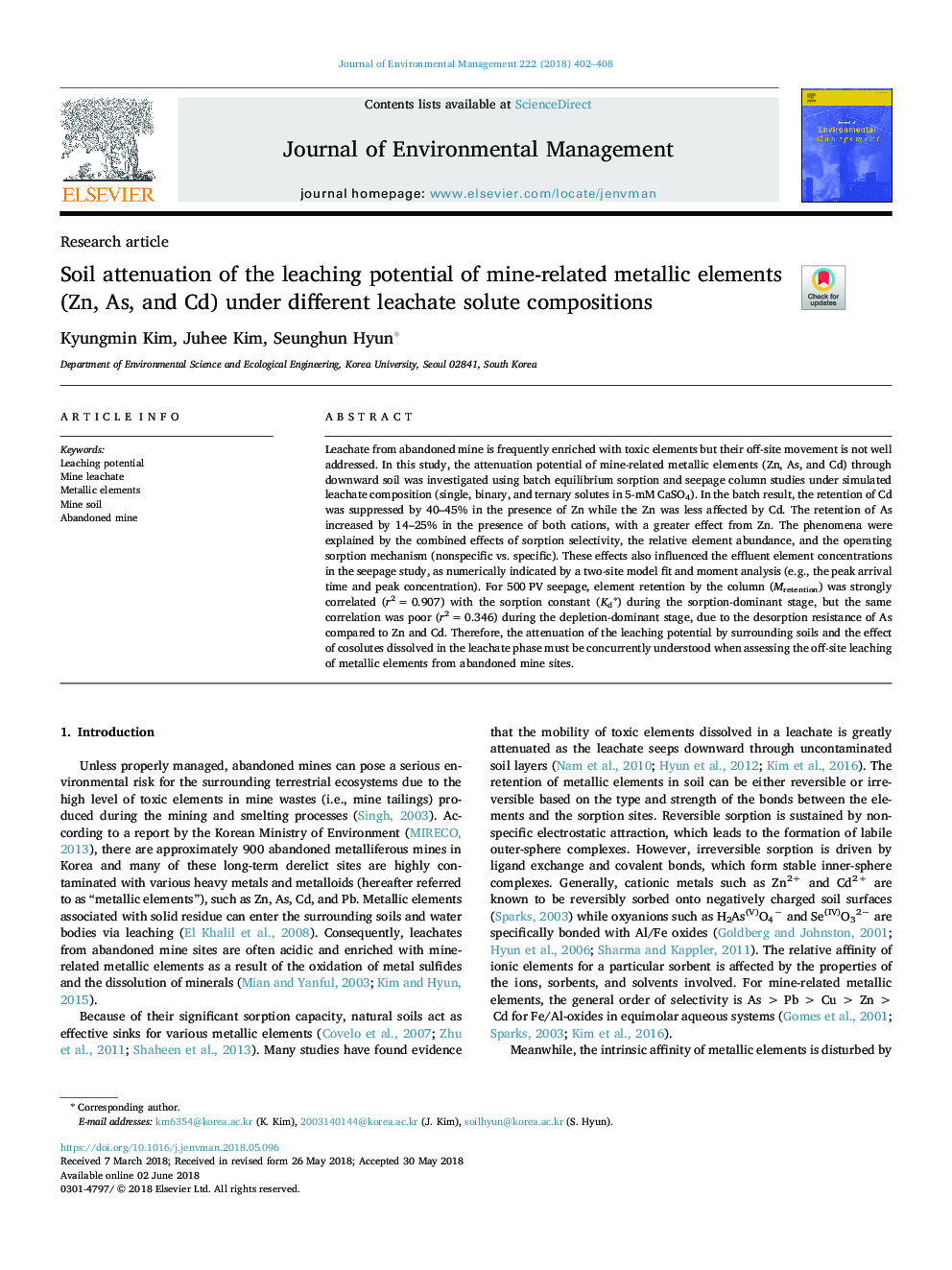 Soil attenuation of the leaching potential of mine-related metallic elements (Zn, As, and Cd) under different leachate solute compositions