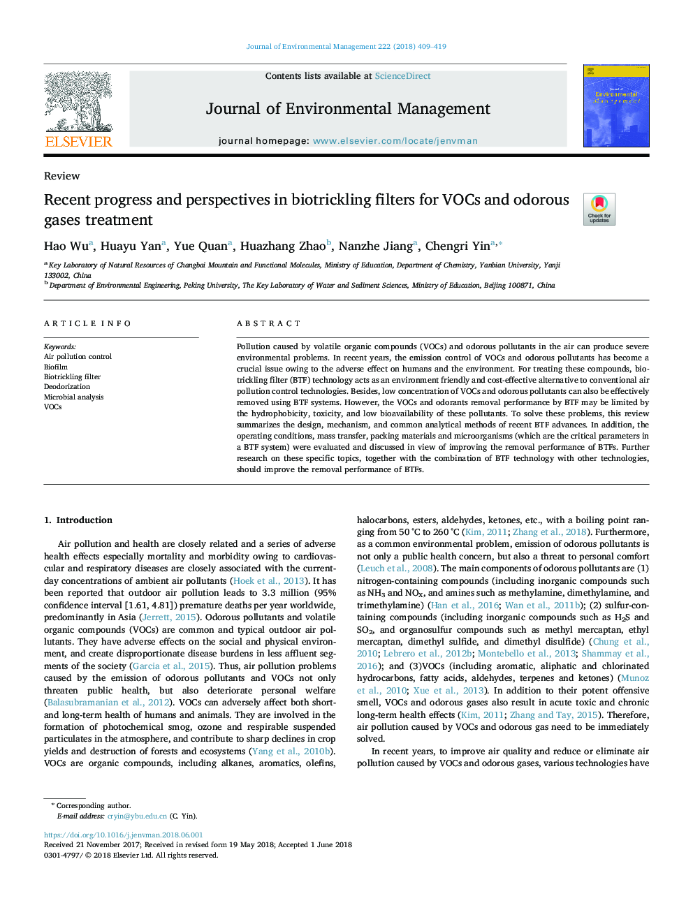 Recent progress and perspectives in biotrickling filters for VOCs and odorous gases treatment