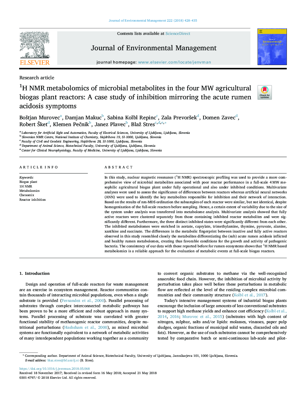 1H NMR metabolomics of microbial metabolites in the four MW agricultural biogas plant reactors: A case study of inhibition mirroring the acute rumen acidosis symptoms