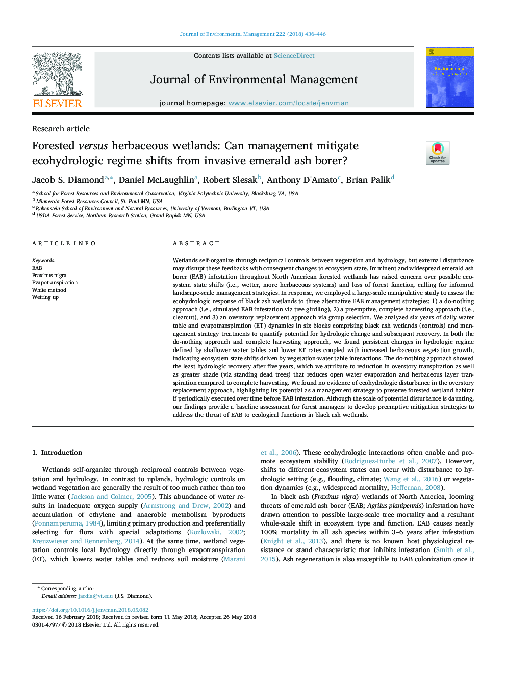 Forested versus herbaceous wetlands: Can management mitigate ecohydrologic regime shifts from invasive emerald ash borer?