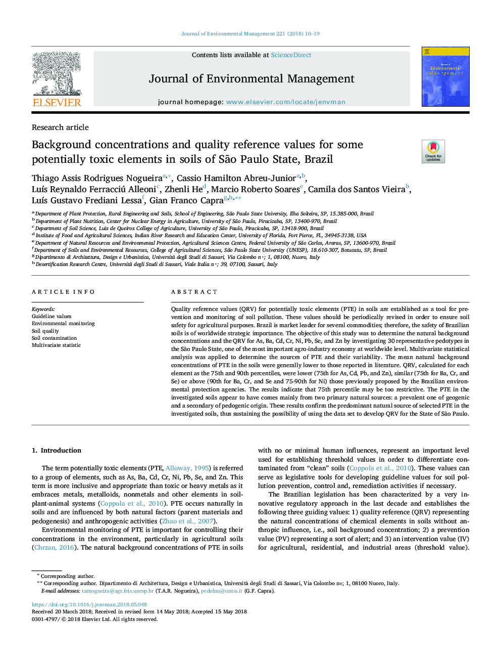 Background concentrations and quality reference values for some potentially toxic elements in soils of SÃ£o Paulo State, Brazil