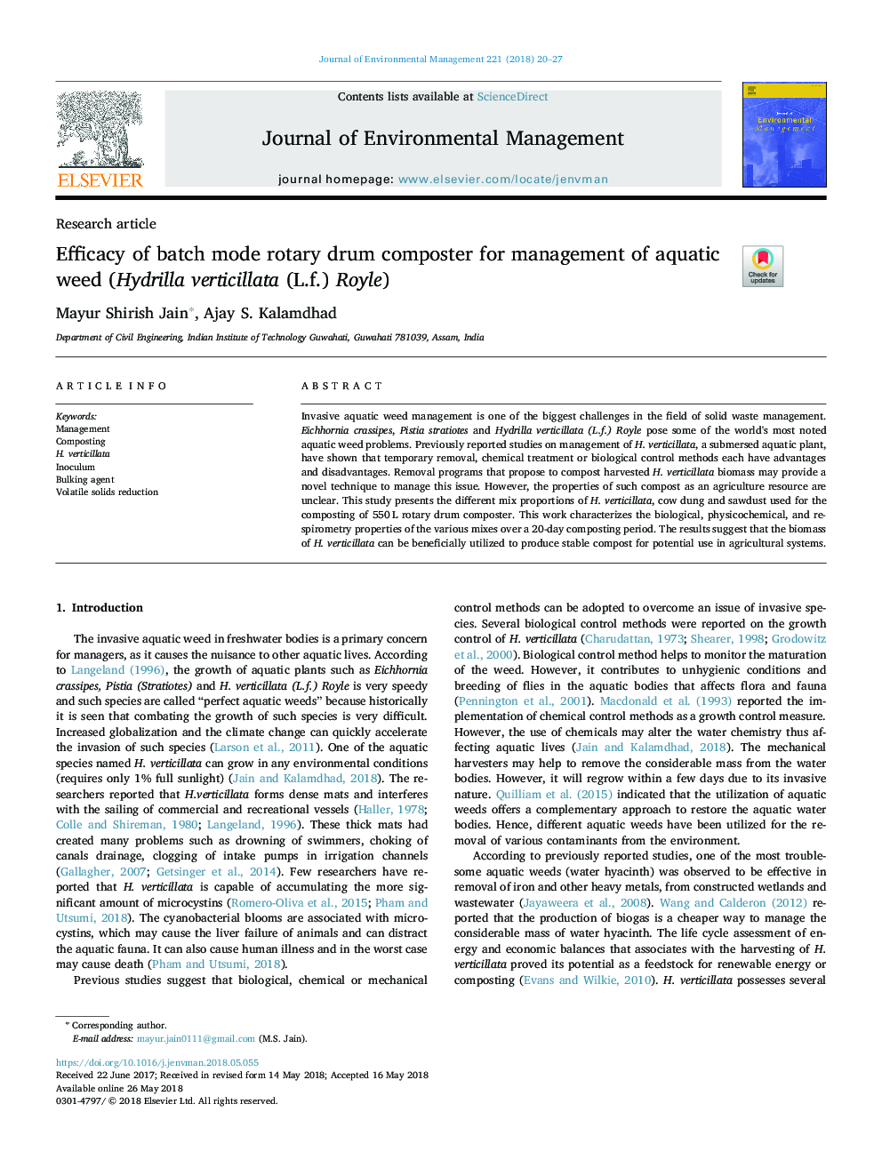 Efficacy of batch mode rotary drum composter for management of aquatic weed (Hydrilla verticillata (L.f.) Royle)