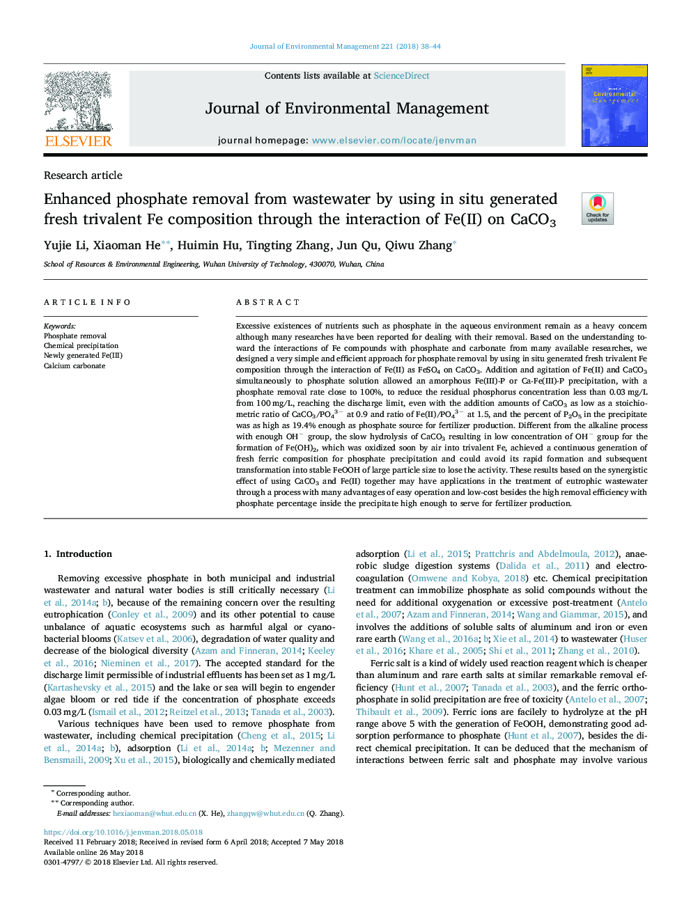 Enhanced phosphate removal from wastewater by using in situ generated fresh trivalent Fe composition through the interaction of Fe(II) on CaCO3