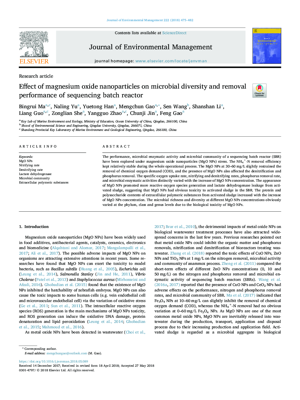 Effect of magnesium oxide nanoparticles on microbial diversity and removal performance of sequencing batch reactor